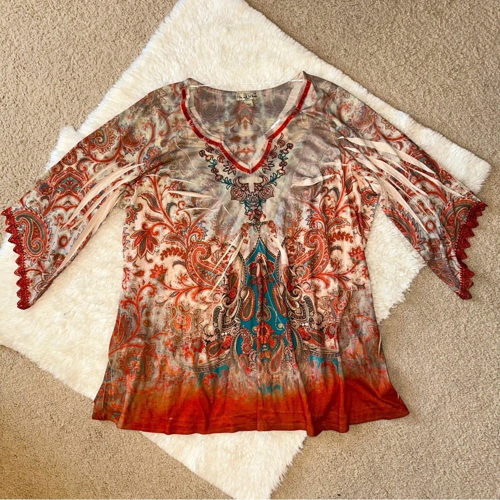 3X Live and let Live bohemian bell sleeve shirt